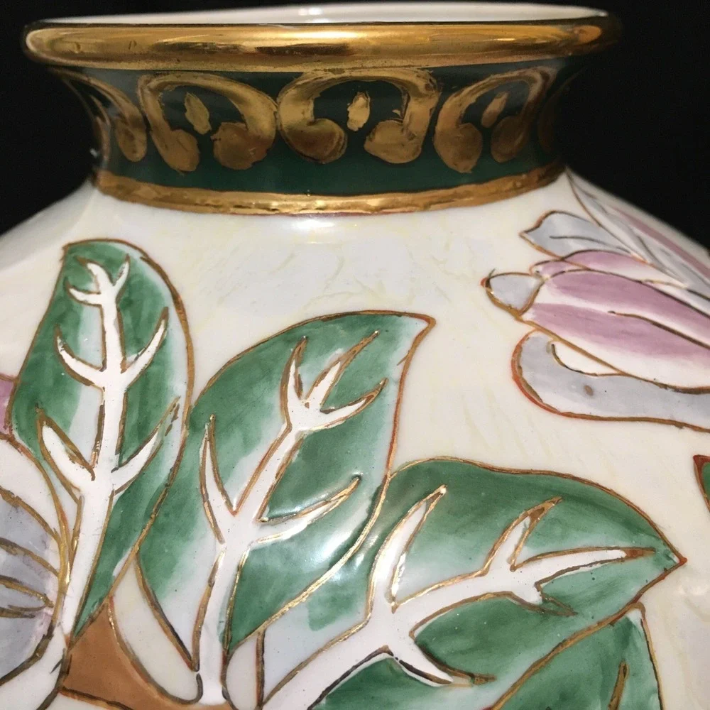 Floral Vase With  Magnolias and Gold Accents Vintage Asian Southern Style Large